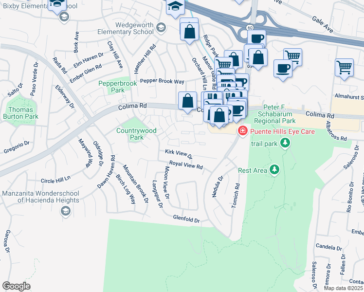 map of restaurants, bars, coffee shops, grocery stores, and more near 17064 Colima Road in Hacienda Heights