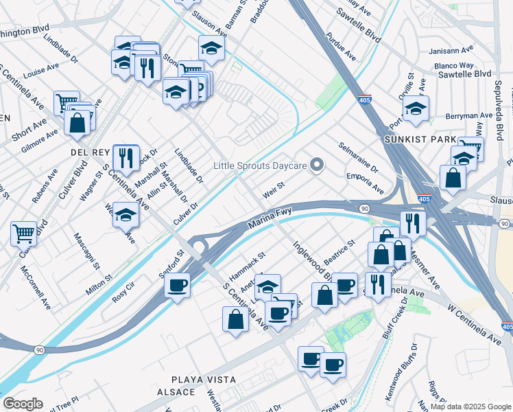 map of restaurants, bars, coffee shops, grocery stores, and more near 5183 Inglewood Boulevard in Culver City