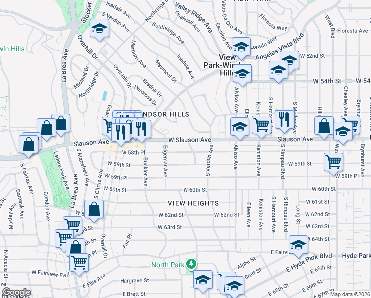 map of restaurants, bars, coffee shops, grocery stores, and more near 4215 West 58th Place in Los Angeles