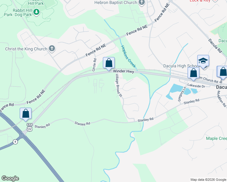map of restaurants, bars, coffee shops, grocery stores, and more near 2121 Centenary Main Street in Dacula