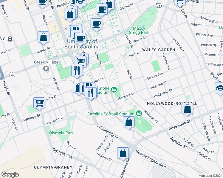 map of restaurants, bars, coffee shops, grocery stores, and more near 1300 Whaley Street in Columbia