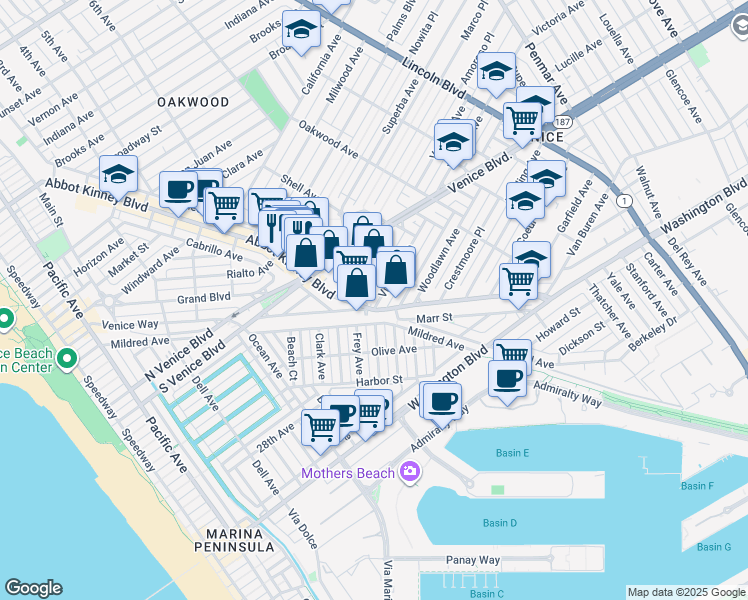 map of restaurants, bars, coffee shops, grocery stores, and more near 513 Victoria Avenue in Los Angeles