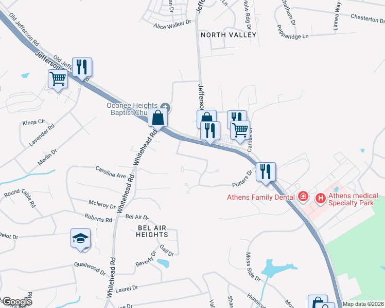 map of restaurants, bars, coffee shops, grocery stores, and more near 251 Firefighter Court in Athens