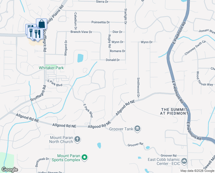 map of restaurants, bars, coffee shops, grocery stores, and more near 1584 Tappahannock Trail in Marietta