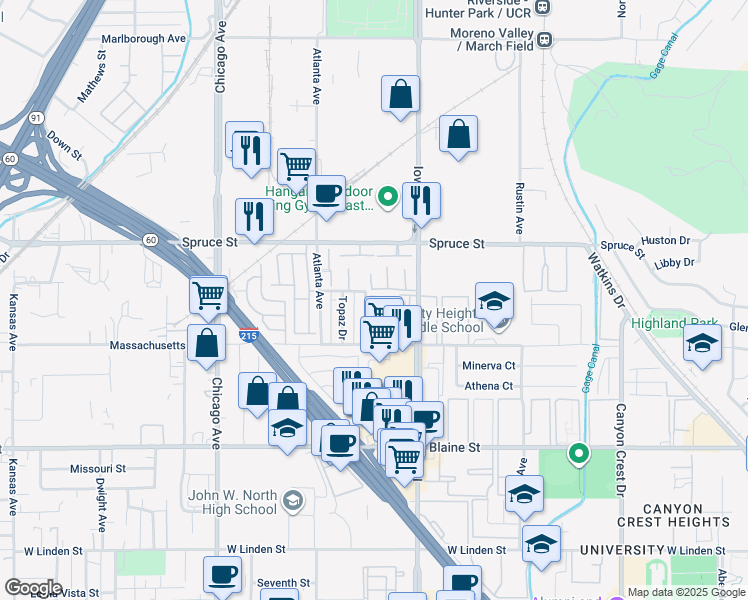 map of restaurants, bars, coffee shops, grocery stores, and more near 1343 Massachusetts Avenue in Riverside