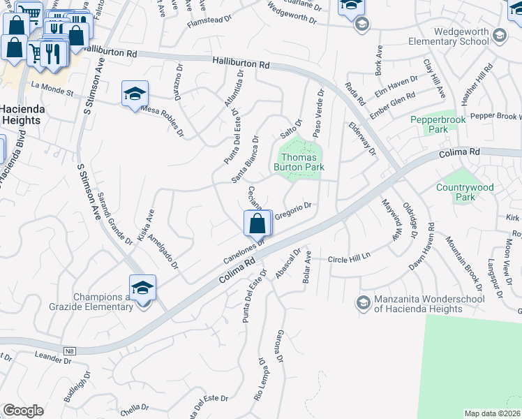 map of restaurants, bars, coffee shops, grocery stores, and more near Ceciana Drive & Comiso Drive in Hacienda Heights