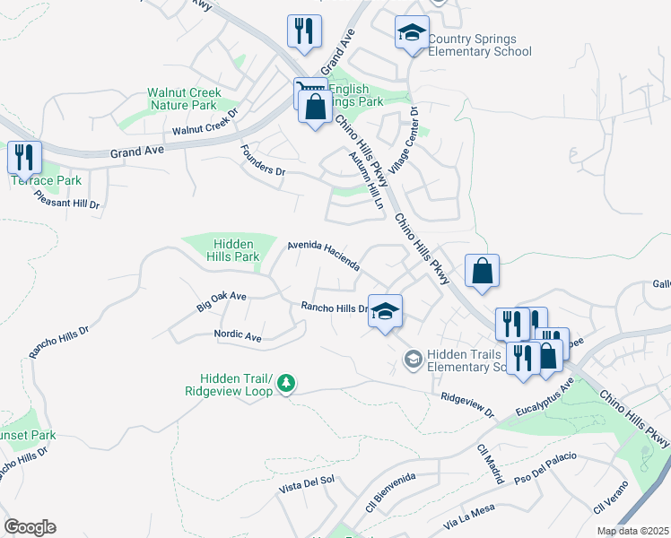 map of restaurants, bars, coffee shops, grocery stores, and more near 14560 Flagstone Court in Chino Hills