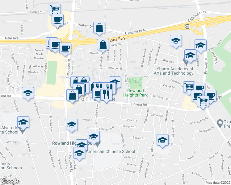 map of restaurants, bars, coffee shops, grocery stores, and more near 19271 Colima Road in Rowland Heights