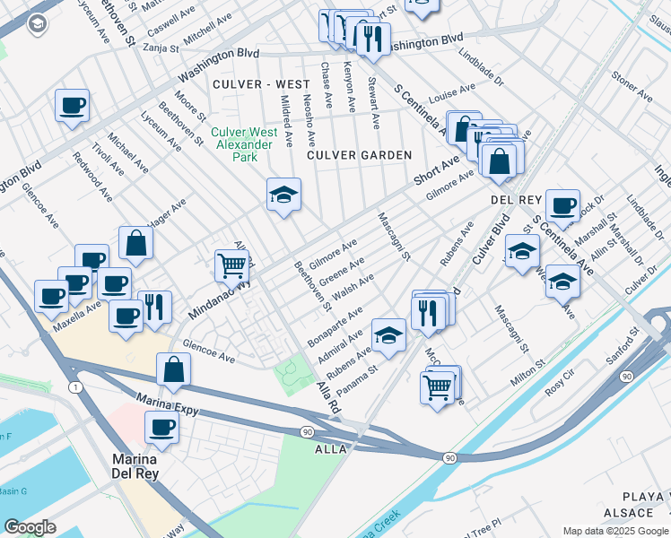 map of restaurants, bars, coffee shops, grocery stores, and more near 12821 Greene Avenue in Los Angeles