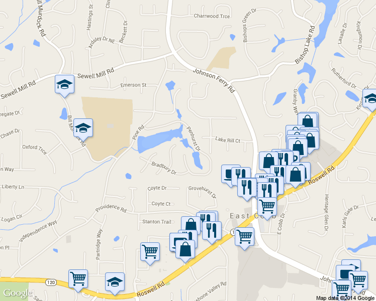 map of restaurants, bars, coffee shops, grocery stores, and more near 4072 Penhurst Dr in Marietta