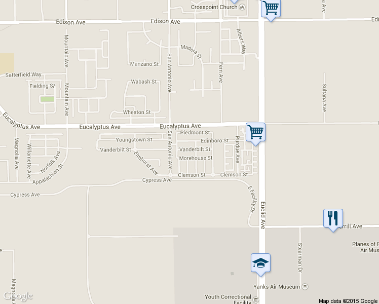 map of restaurants, bars, coffee shops, grocery stores, and more near 6781 Vanderbilt Street in Chino