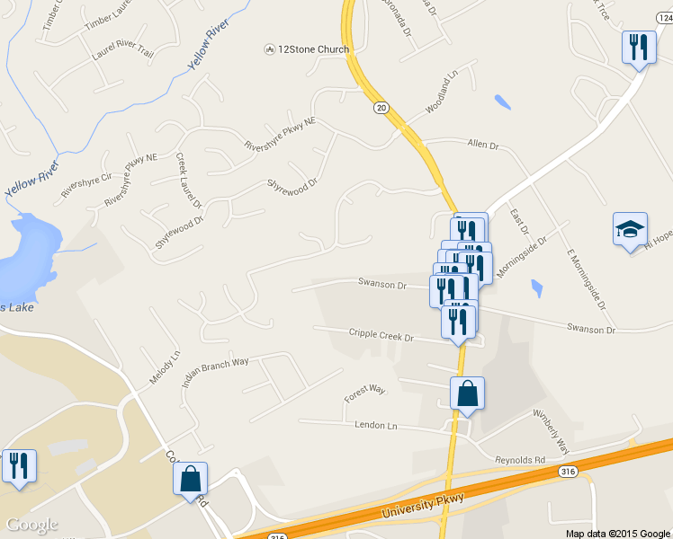 map of restaurants, bars, coffee shops, grocery stores, and more near 282 Swanson Drive in Lawrenceville