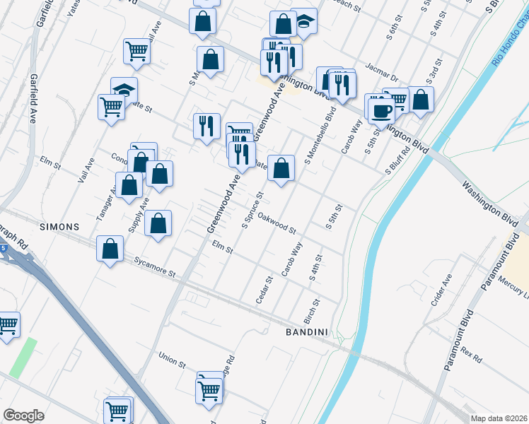 map of restaurants, bars, coffee shops, grocery stores, and more near 820 Oakwood Street in Montebello