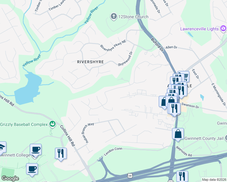 map of restaurants, bars, coffee shops, grocery stores, and more near 395 Victoria Station Boulevard Northeast in Lawrenceville
