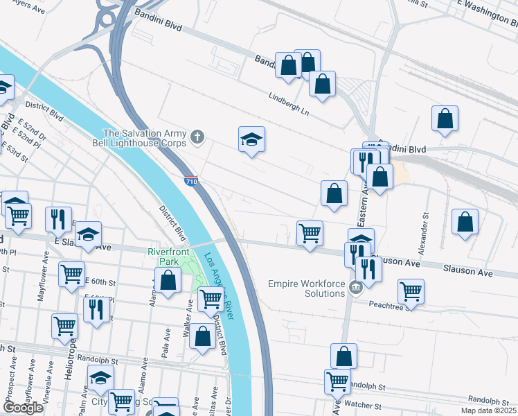 map of restaurants, bars, coffee shops, grocery stores, and more near 5502 K Street in Bell