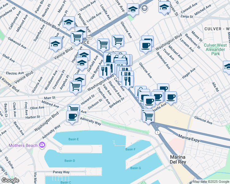 map of restaurants, bars, coffee shops, grocery stores, and more near 3109 Stanford Avenue in Los Angeles