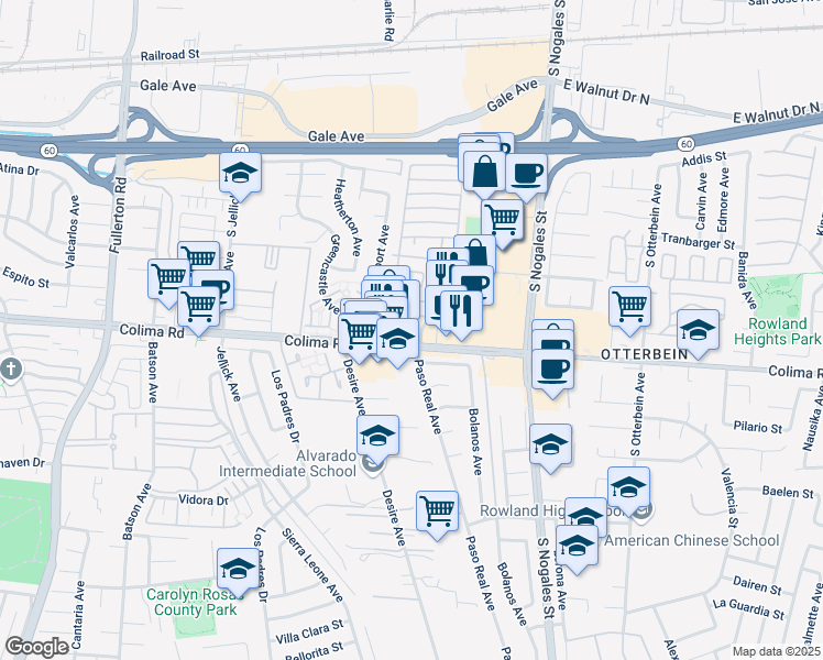 map of restaurants, bars, coffee shops, grocery stores, and more near 18781 Colima Road in Rowland Heights