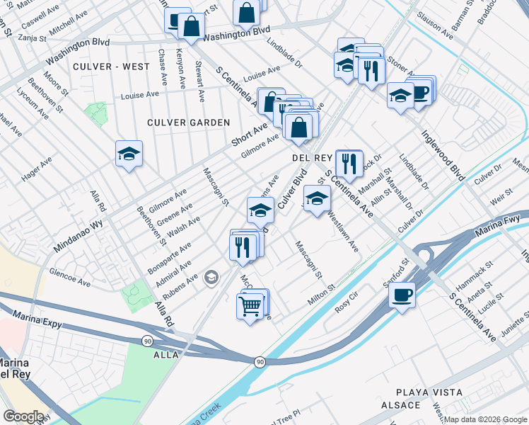 map of restaurants, bars, coffee shops, grocery stores, and more near 12531 Culver Boulevard in Los Angeles