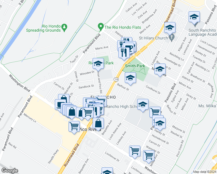 map of restaurants, bars, coffee shops, grocery stores, and more near 6327 Rosemead Boulevard in Pico Rivera