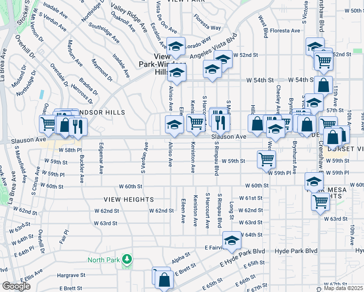 map of restaurants, bars, coffee shops, grocery stores, and more near 3927 West 58th Place in Los Angeles