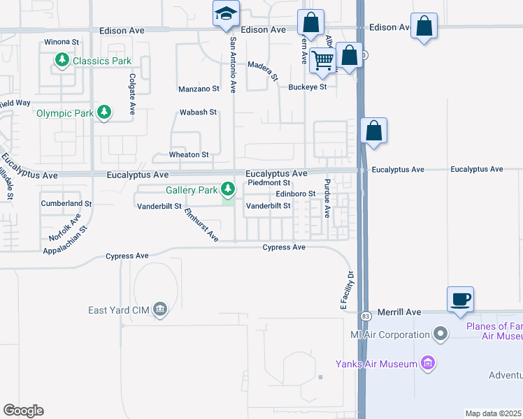 map of restaurants, bars, coffee shops, grocery stores, and more near 6781 Vanderbilt Street in Chino