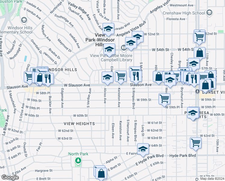 map of restaurants, bars, coffee shops, grocery stores, and more near 3927 West 58th Place in Los Angeles