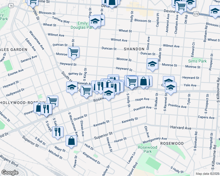 map of restaurants, bars, coffee shops, grocery stores, and more near 2744 Kiawah Avenue in Columbia