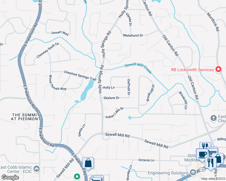 map of restaurants, bars, coffee shops, grocery stores, and more near 2602 Holly Lane in Marietta