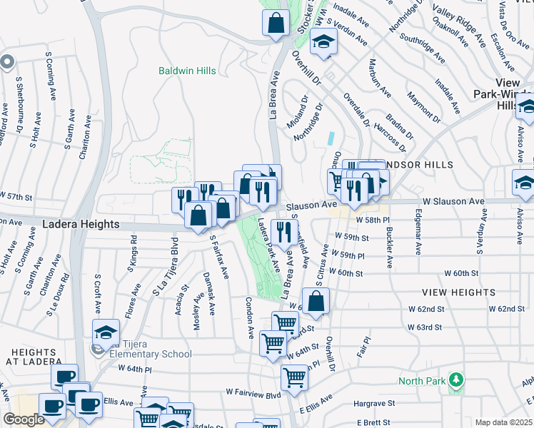 map of restaurants, bars, coffee shops, grocery stores, and more near 4714 West Slauson Avenue in View Park-Windsor Hills