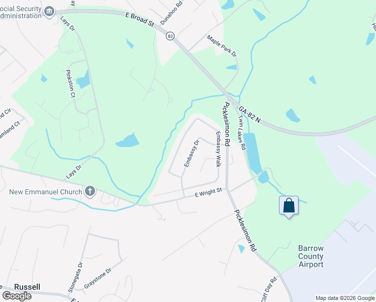 map of restaurants, bars, coffee shops, grocery stores, and more near 364 Embassy Drive in Winder