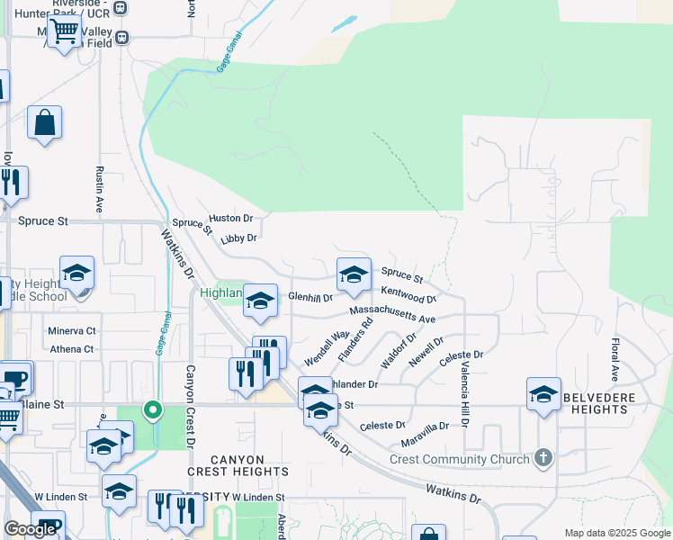 map of restaurants, bars, coffee shops, grocery stores, and more near 553 Spruce Street in Riverside