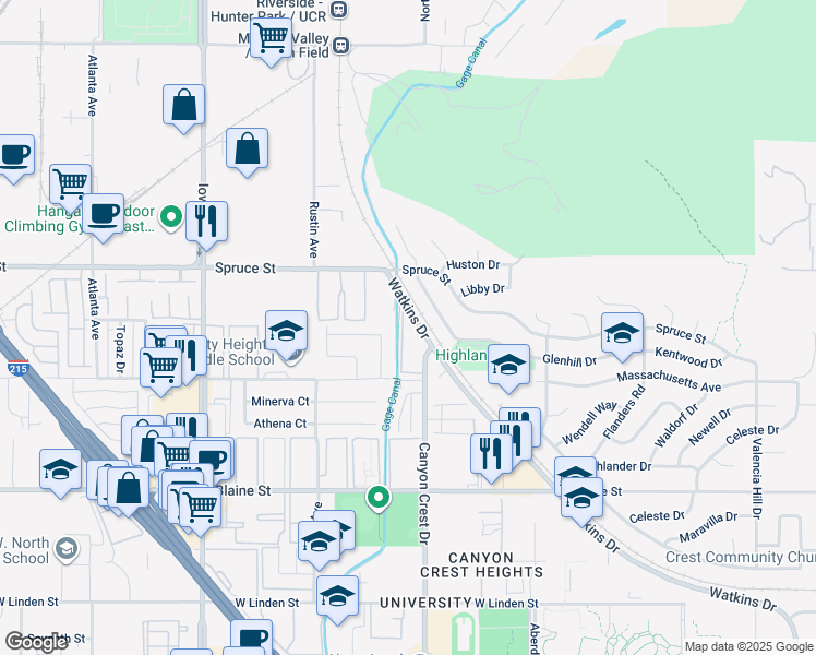 map of restaurants, bars, coffee shops, grocery stores, and more near 836 Kentwood Drive in Riverside