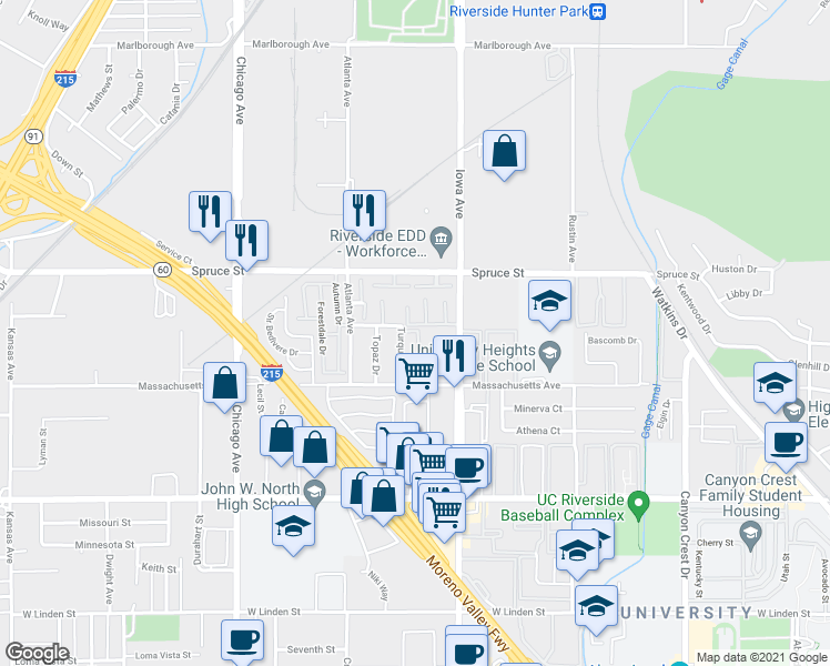 map of restaurants, bars, coffee shops, grocery stores, and more near 2621 Turquoise Street in Riverside