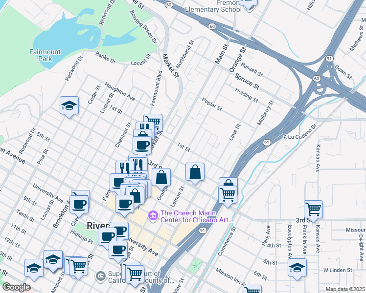 map of restaurants, bars, coffee shops, grocery stores, and more near 3628 1st Street in Riverside