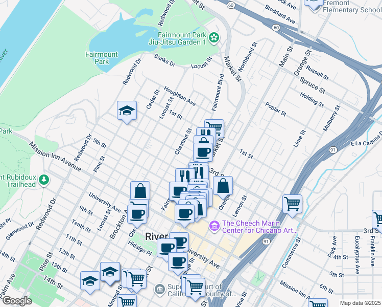 map of restaurants, bars, coffee shops, grocery stores, and more near 3239 Fairmount Boulevard in Riverside