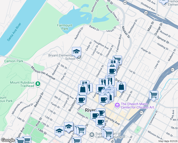 map of restaurants, bars, coffee shops, grocery stores, and more near 3361 Brockton Avenue in Riverside