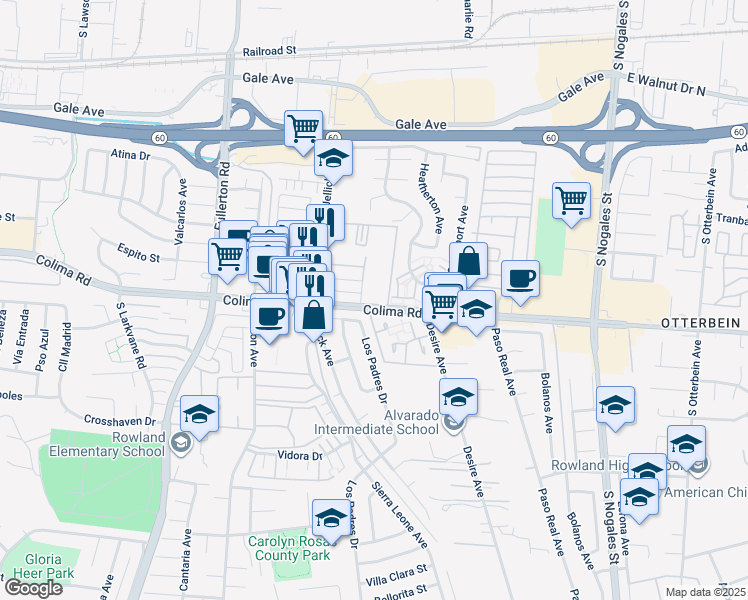 map of restaurants, bars, coffee shops, grocery stores, and more near 18571 Colima Road in Rowland Heights