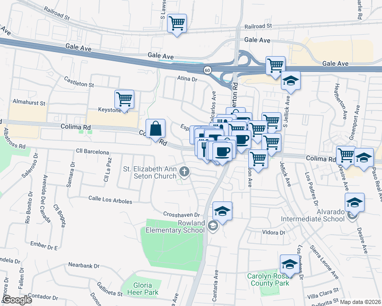 map of restaurants, bars, coffee shops, grocery stores, and more near in Rowland Heights