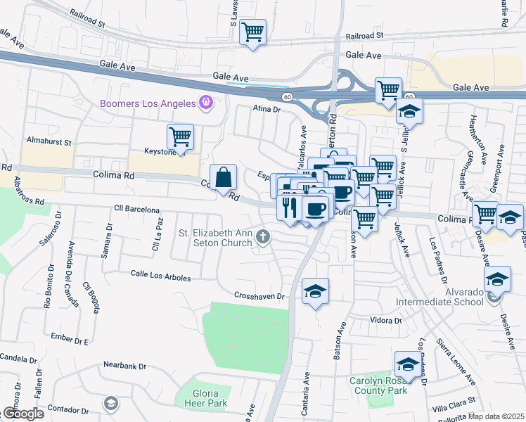 map of restaurants, bars, coffee shops, grocery stores, and more near in Rowland Heights
