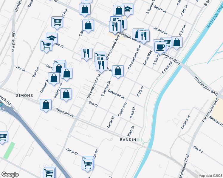 map of restaurants, bars, coffee shops, grocery stores, and more near 820 Oakwood Street in Montebello