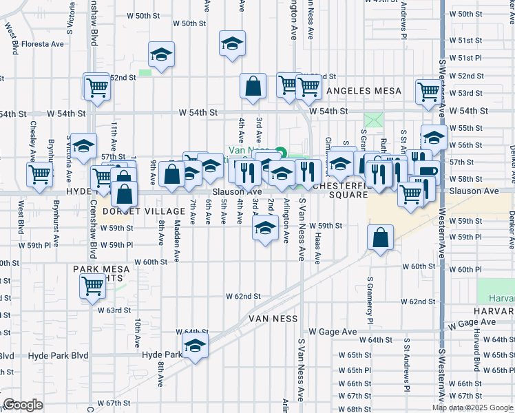 map of restaurants, bars, coffee shops, grocery stores, and more near 5821 2nd Avenue in Los Angeles
