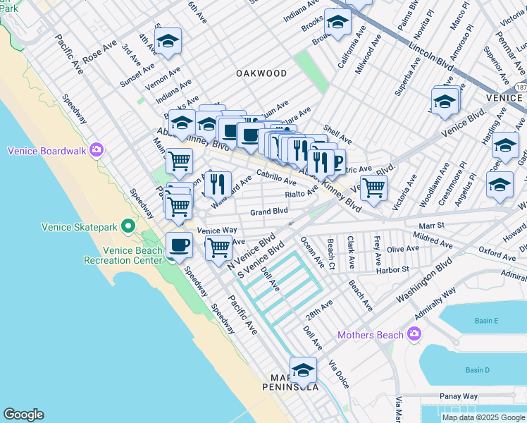 map of restaurants, bars, coffee shops, grocery stores, and more near 505 Grand Boulevard in Los Angeles