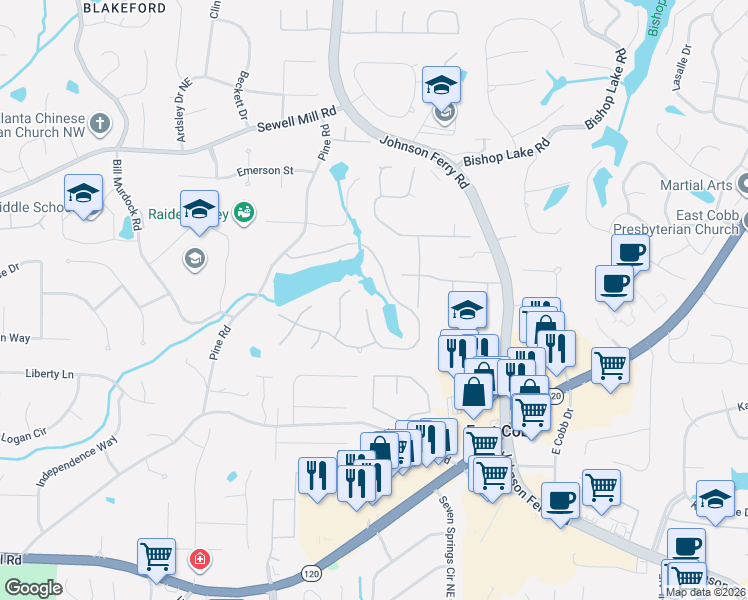map of restaurants, bars, coffee shops, grocery stores, and more near 4072 Penhurst Drive in Marietta