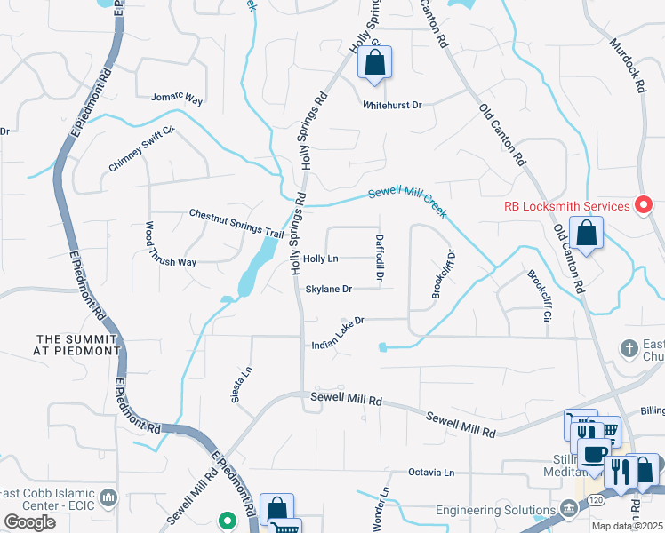 map of restaurants, bars, coffee shops, grocery stores, and more near 2602 Holly Lane in Marietta