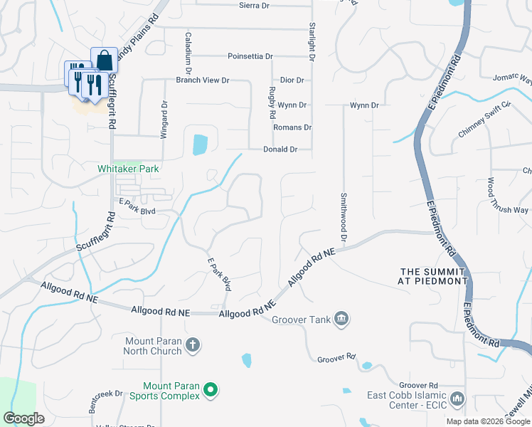 map of restaurants, bars, coffee shops, grocery stores, and more near 1584 Tappahannock Trail in Marietta