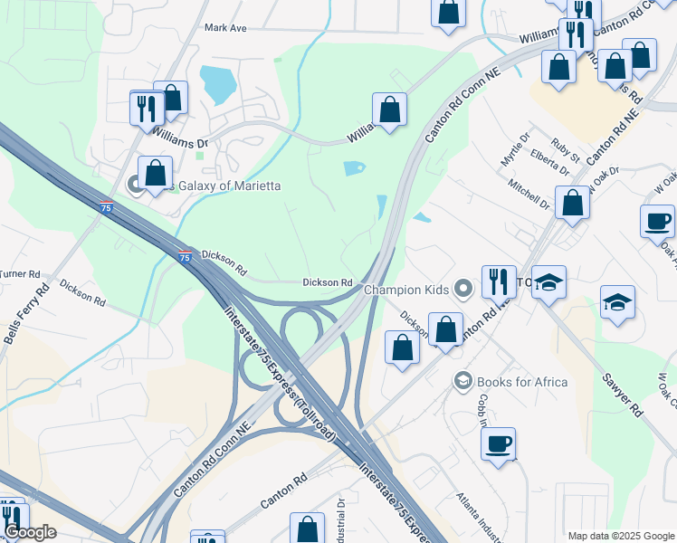 map of restaurants, bars, coffee shops, grocery stores, and more near 1533 Dickson Drive in Marietta
