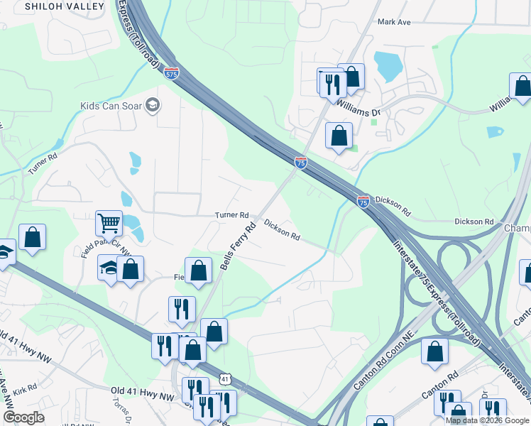 map of restaurants, bars, coffee shops, grocery stores, and more near 1521 Bells Ferry Road in Marietta