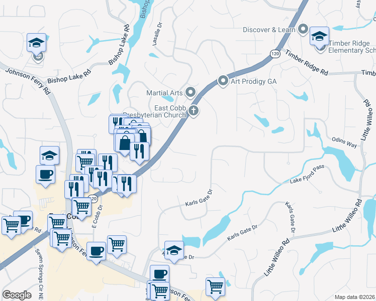 map of restaurants, bars, coffee shops, grocery stores, and more near 4645 Hampton Chase in Marietta