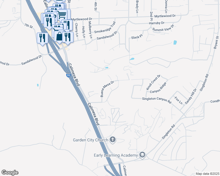 map of restaurants, bars, coffee shops, grocery stores, and more near 35164 Mesa Grande Drive in Calimesa