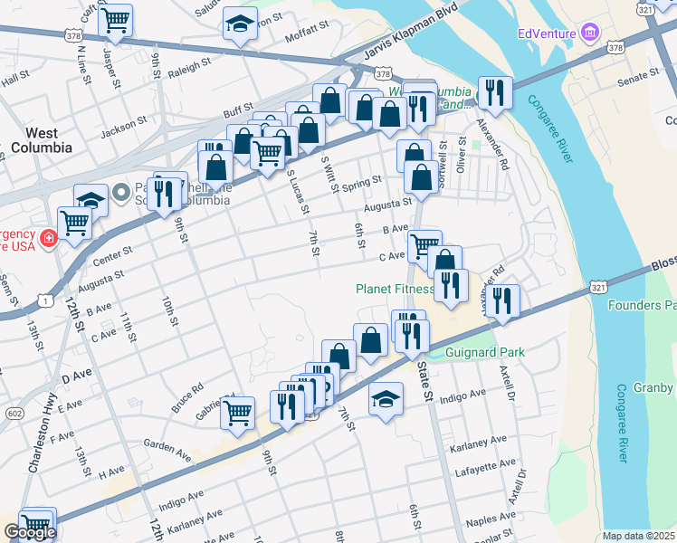 map of restaurants, bars, coffee shops, grocery stores, and more near 625 C Avenue in West Columbia